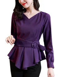 Irregular purple shirts for women wlace up waist blouse tops