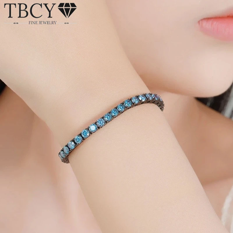 

TBCYD 3/4/5mm Blue Moissanite Bracelet for Women 925 Sterling Silver Plated Black Light Luxury Full Diamond Jewelry
