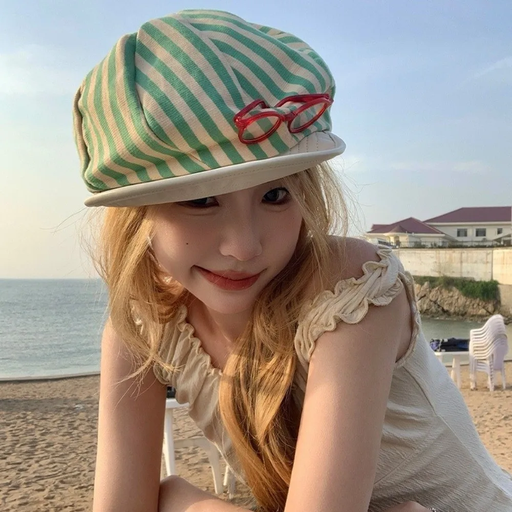 

Ins Korean Striped Berets Y2k Retro Painter Berets Casual Versatile Beanie Cap Women