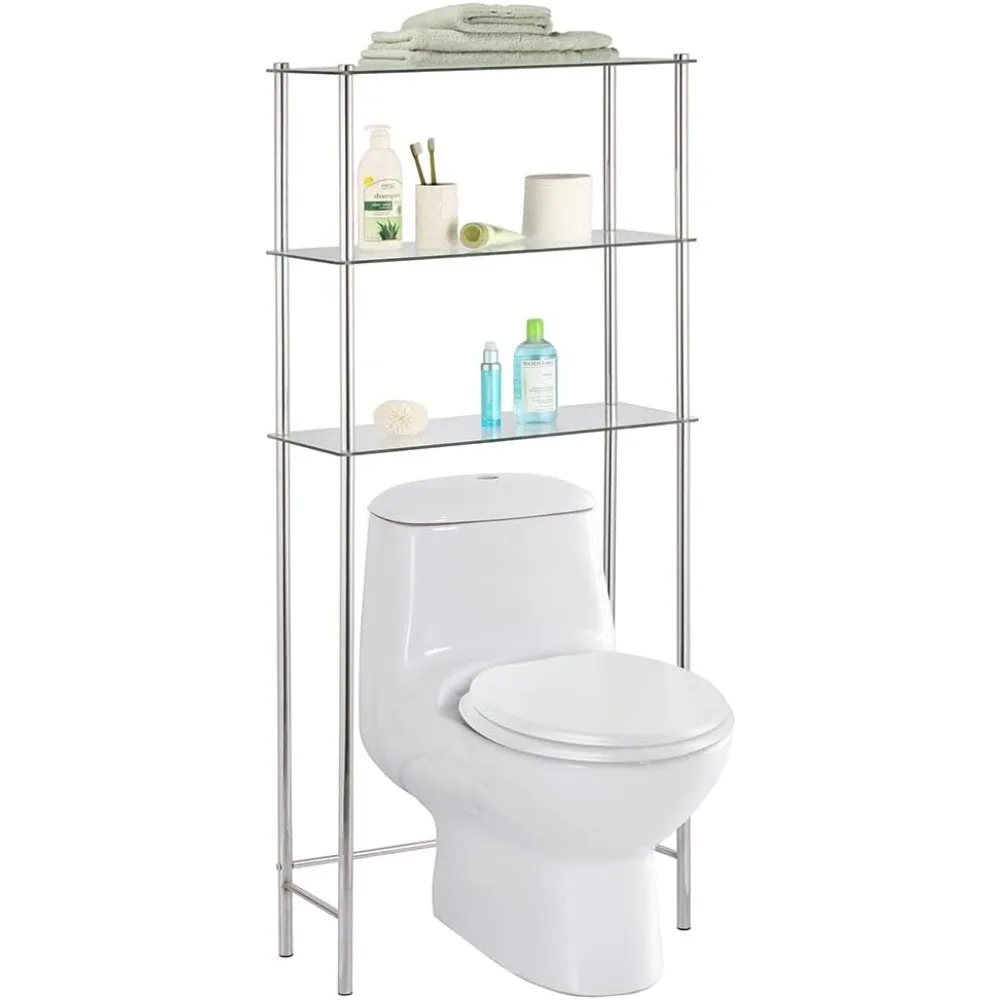 

3-х уровневая полка над унитазом с полками из закаленного стекла для хранения и организации в ванной комнате, хром, 25,98 дюйма x 1 шт.