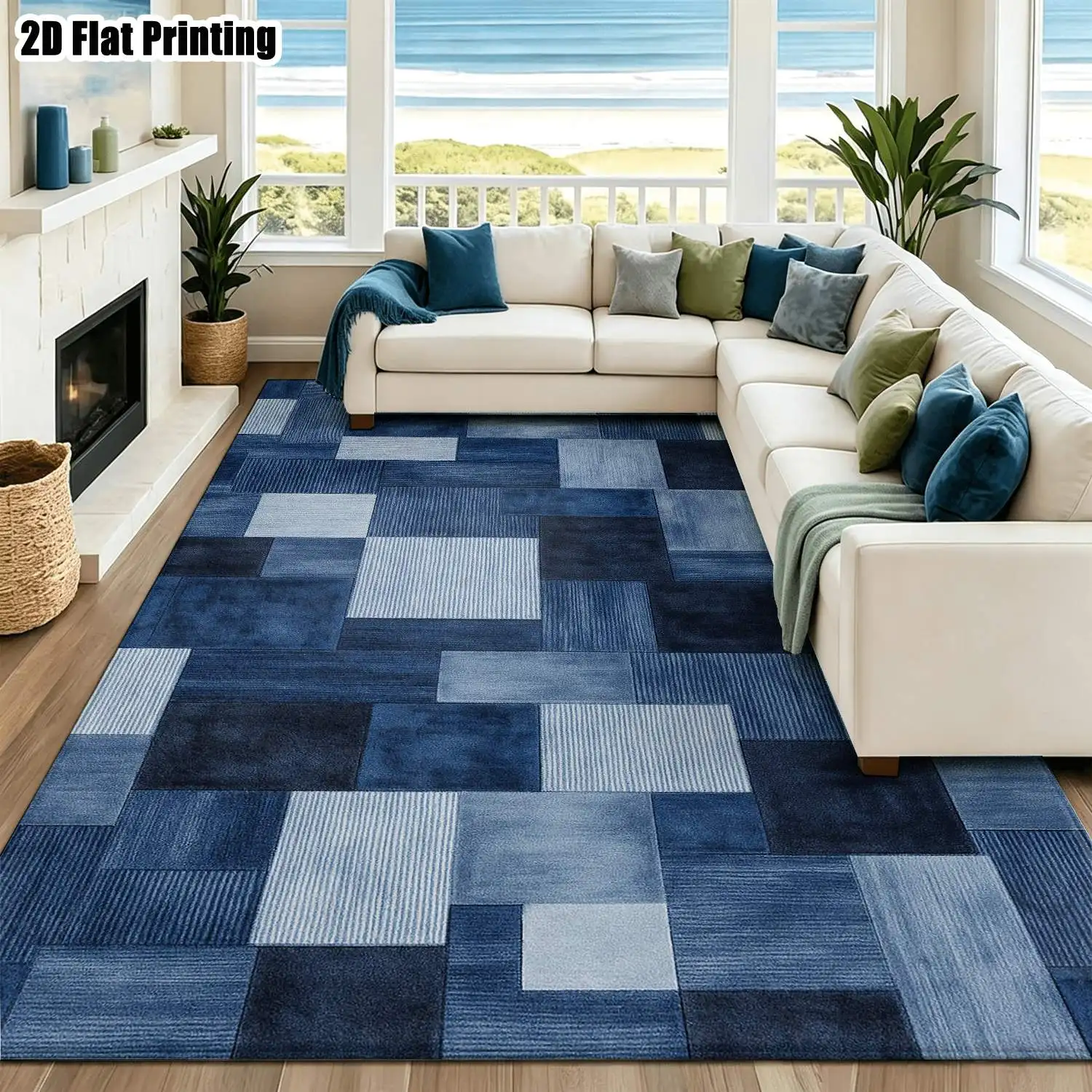 1Pc 2D Printed Carpet: Blue-White Geometric Patchwork, Nordic/Instagram Style, Modern Minimalist Vintage European Decor, Multi-Size, Machine Washable, for Entrance, Dining, Foyer, Bedroom, Living Room