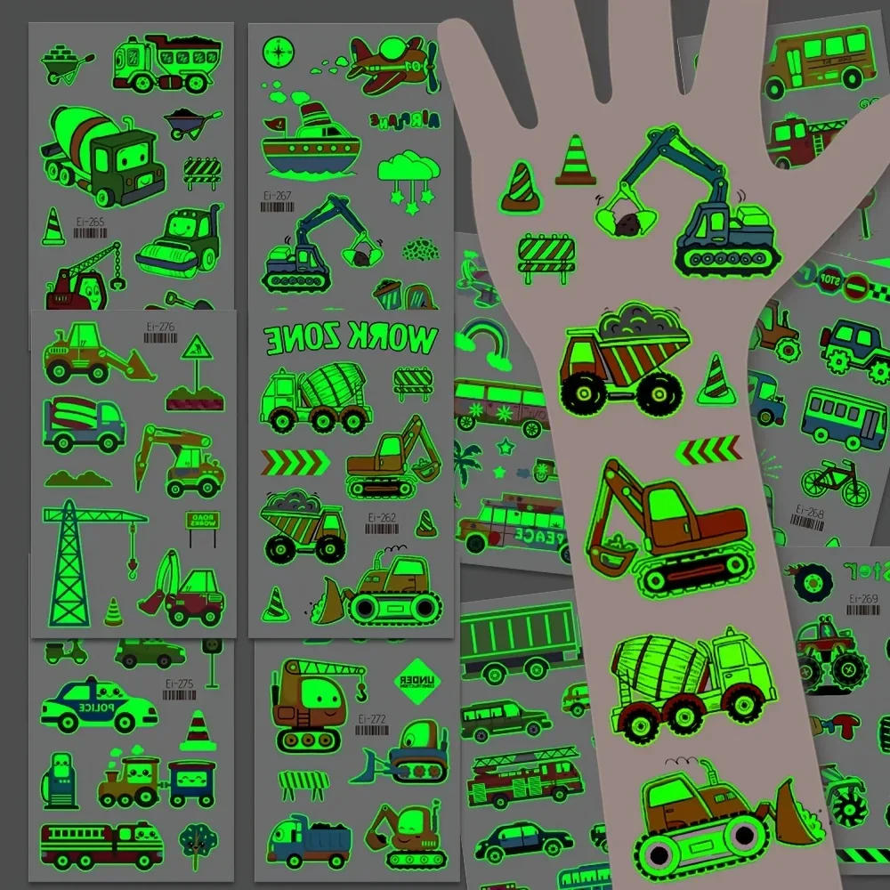 

12 листов светящиеся автомобили грузовики временные татуировки наклейки для мальчиков автомобиль экскаватор светящиеся поддельные татуировки товары для дня рождения