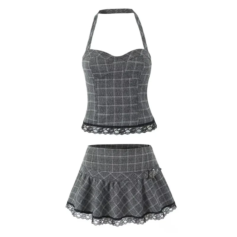 

Withered 2026 Spring New European And American Style Women's Fashion Sexy Spicy Girl Grid Pattern Splicing Neck Hanging Top Half
