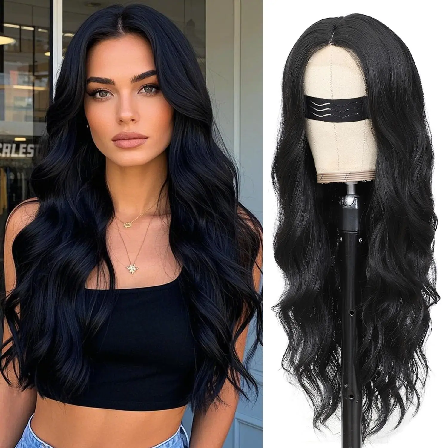 Black center-parted long wavy curls synthetic wig, Halloween cosplay character costume wig, daily wig, hot wire wig headband