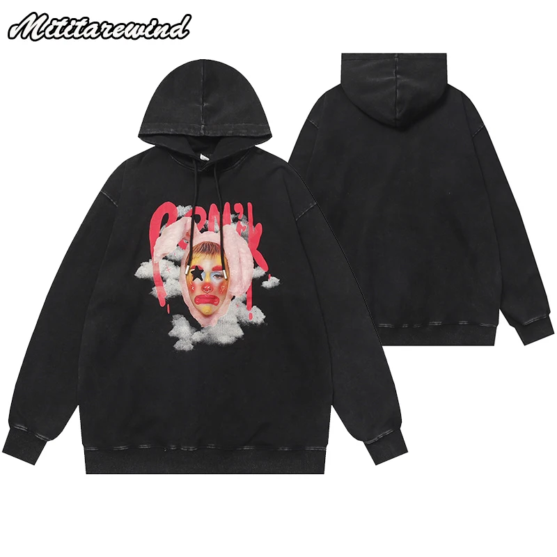 High Street Spring Autumn Oversized Hoodies Men Retro Clown Printed Washed Distressed Hooded Sweatshirt Women Hip Hop Streetwear