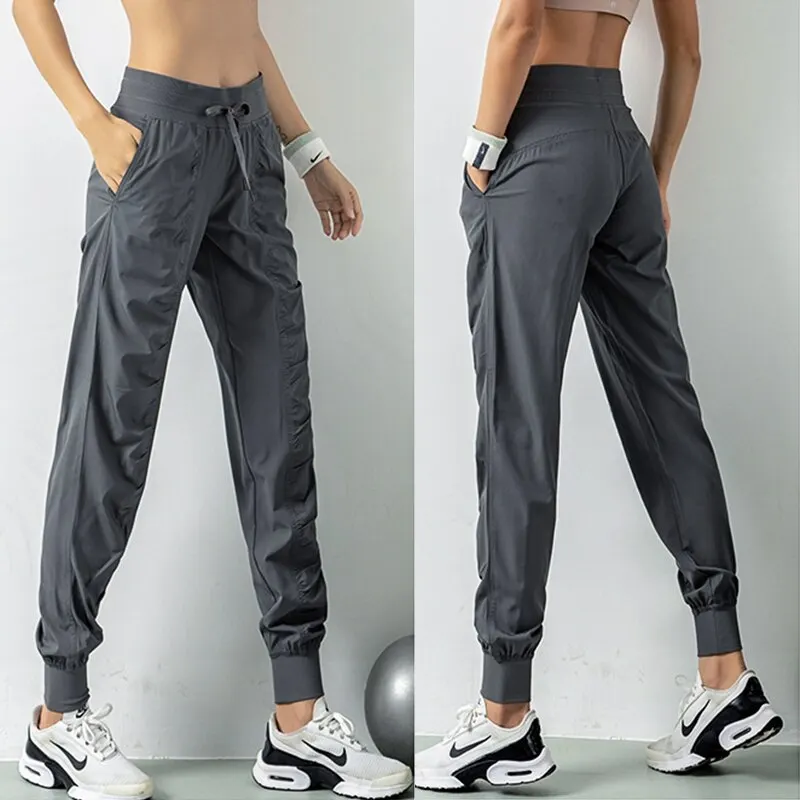 Fabric Drawstring Running Sport Joggers Women Quick Dry Athletic Gym Fitness Sweatpants with Two Side Pockets Exercise Pants