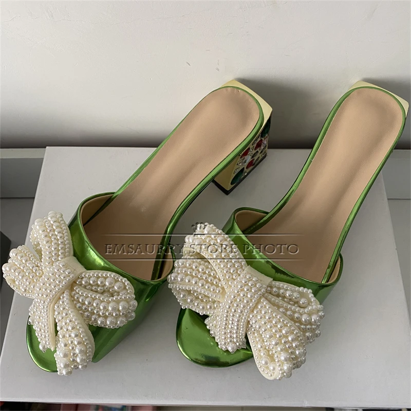 Quality Beads Butterfly-Knot Flower Sandals Women Colorful Rhinestone Square Heel Slingbacks Patent Leather Summer Shoes