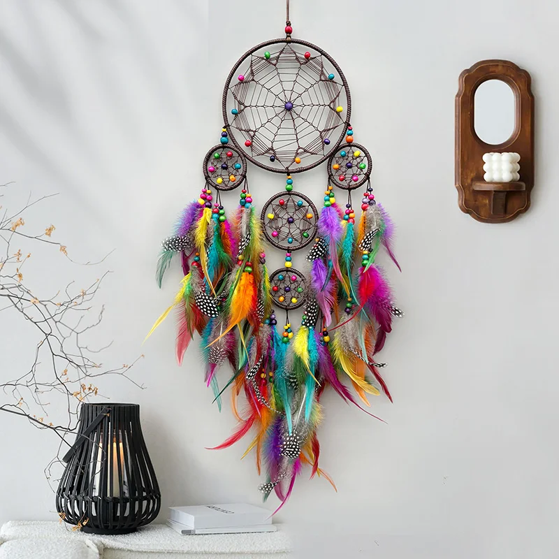 Vintage blauwe veren dromenvanger muur opknoping slaapkamer hangers huisdecoratie handgemaakte windgong voor vakantiegeschenken