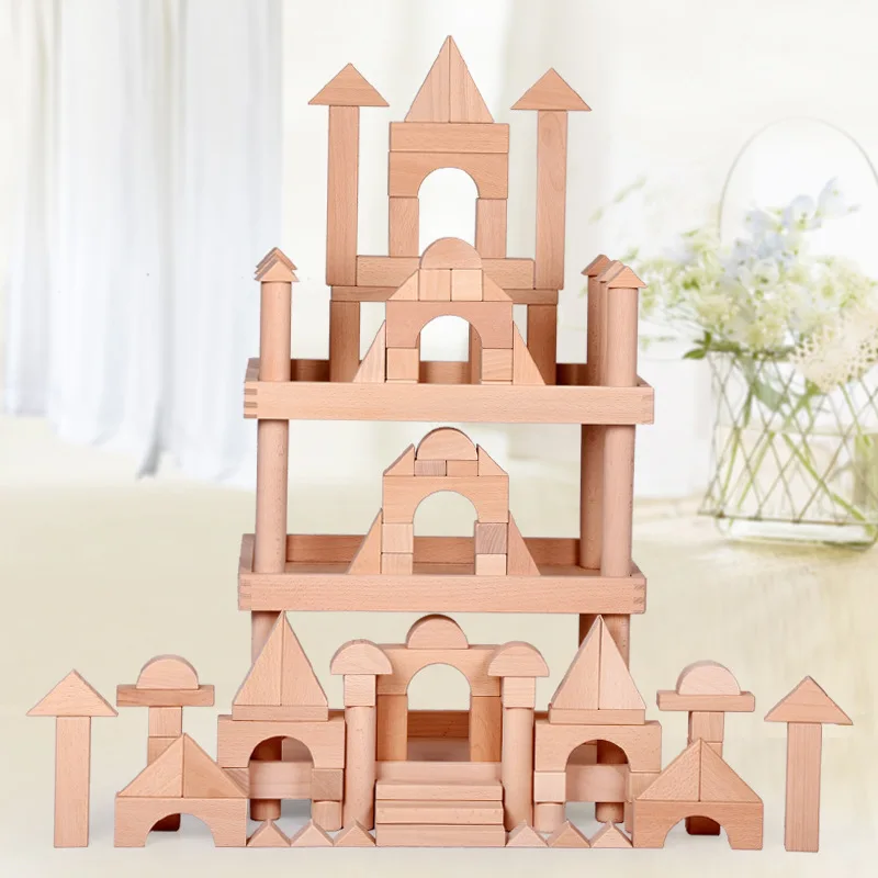 

Large solid wood beech kindergarten large particle logs to build building blocks parent-child interactive hands-on brain toys