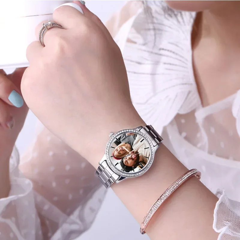 A3319 맞춤형 사진 시계 자신의 사진으로 인쇄 여성 럭셔리 손목 시계 라인스톤 다이아몬드 장식 여자친구 선물