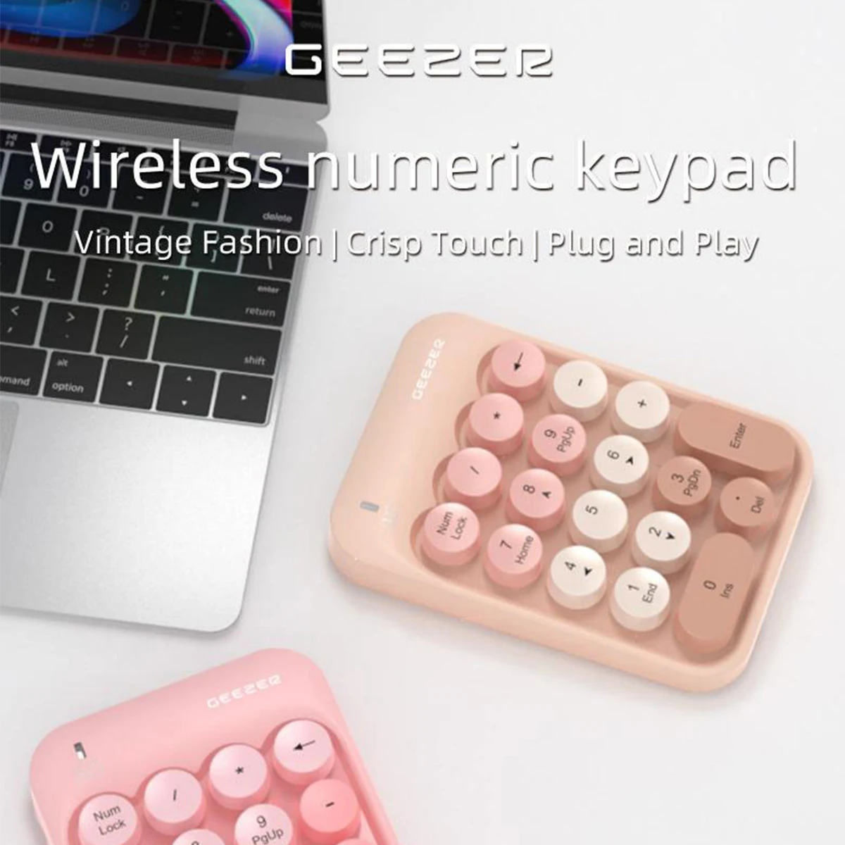 GEEZER Z5 Wireless Numeric Keypad, Macaron Retro Round Detachable Keycaps Portable Office Number Pad