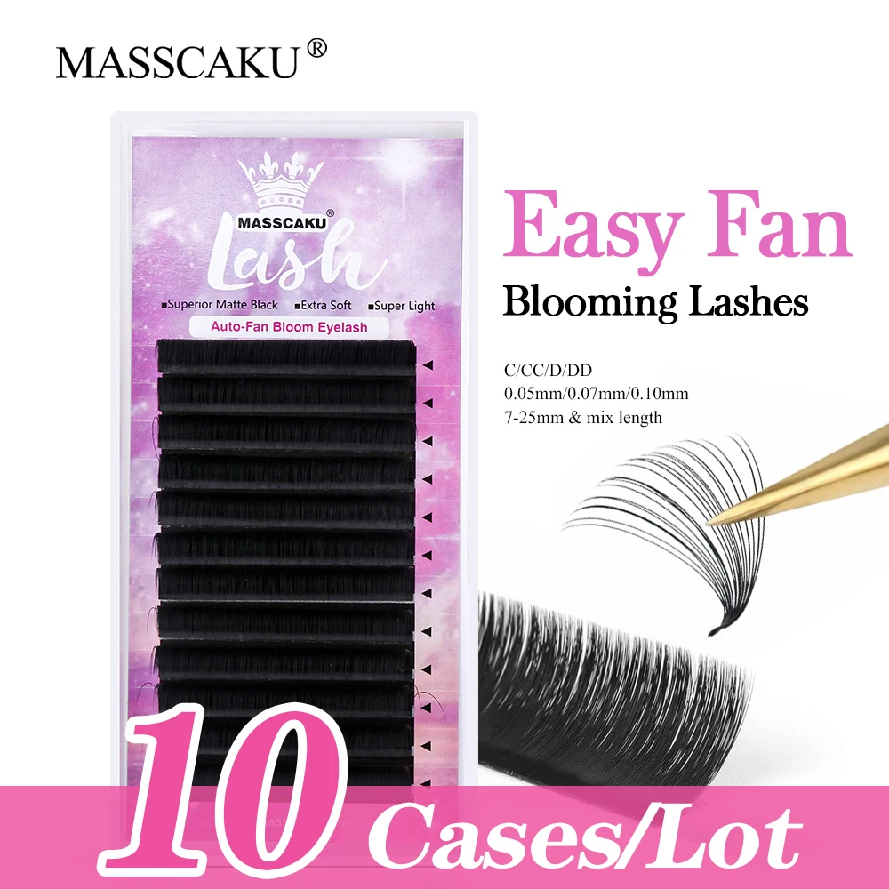 

MASSCAKU 10cases/lot Outstanding Quality Easy Fanning Lashes 7-25mm&mix Natural Faux Mink 1Second Blooming Eyelashes Extension