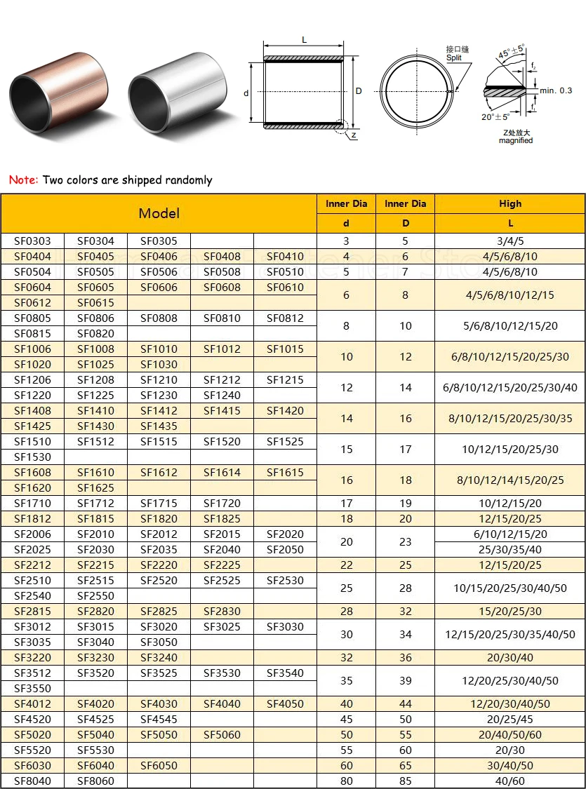 SF-1 Self Lubricating Composite Bearing SF1 Bushing Sleeve Inner Dia 30mm - 45mm Outer Dia 34mm - 50mm High 10mm - 40mm