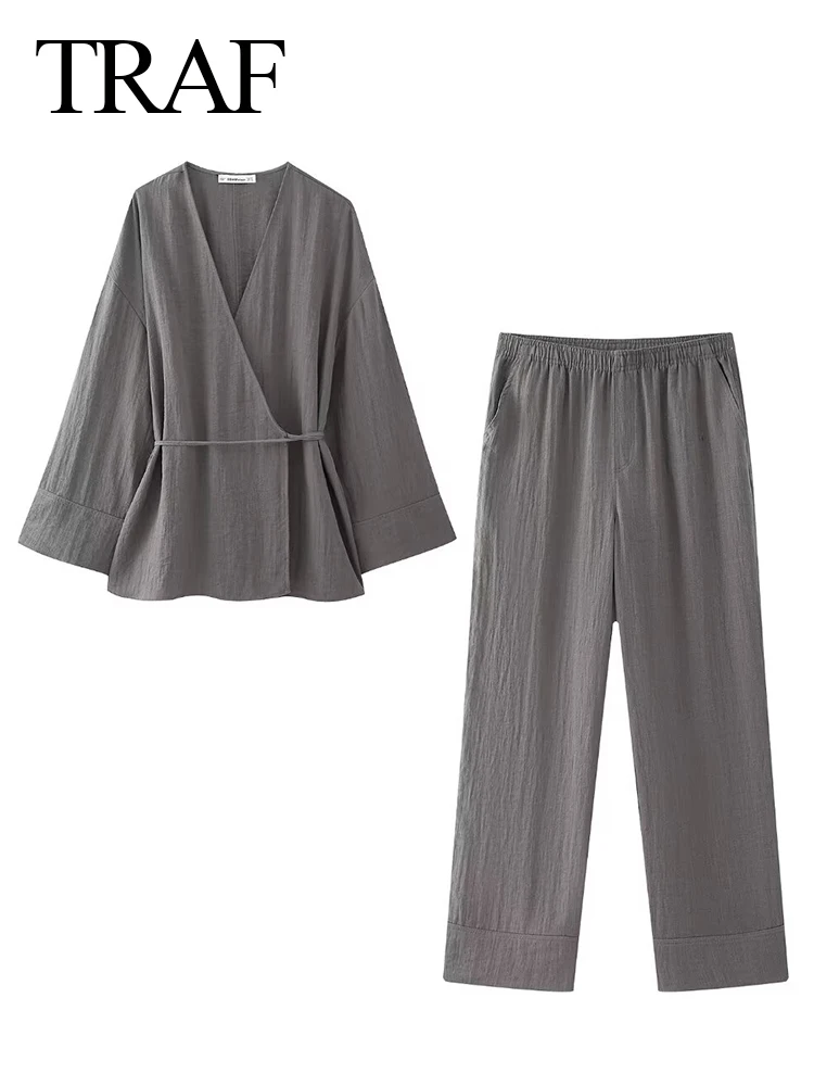 TRAFZA Women Casual Lace Up 2 Pieces Sets Lapel Long Sleeve Shirts Female Suit 2024 Spring Loose Drawstring Wide Leg Pants Suit