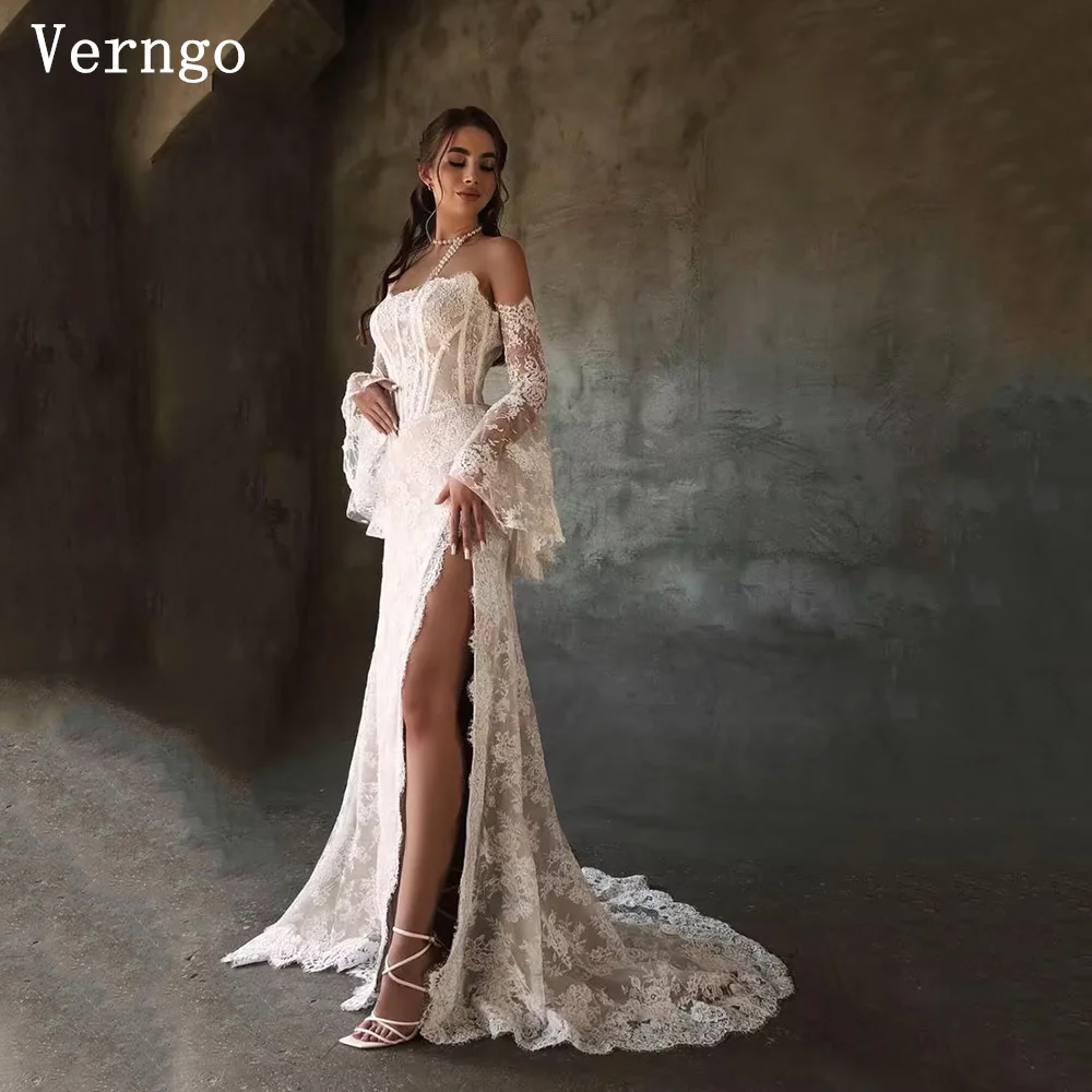 

Verngo Lace Luxury Mermaid Wedding Dress Strapless Detachable Sleeves Bridal Gowns Women Split Sexy Bride Dress Customized