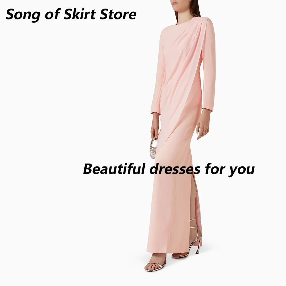 فستان سهرة وردي شاحب مخصص بأكمام طويلة مستقيم مطوي فستان حفلة موسيقية طول الأرض فساتين الحفلات للنساء 2025