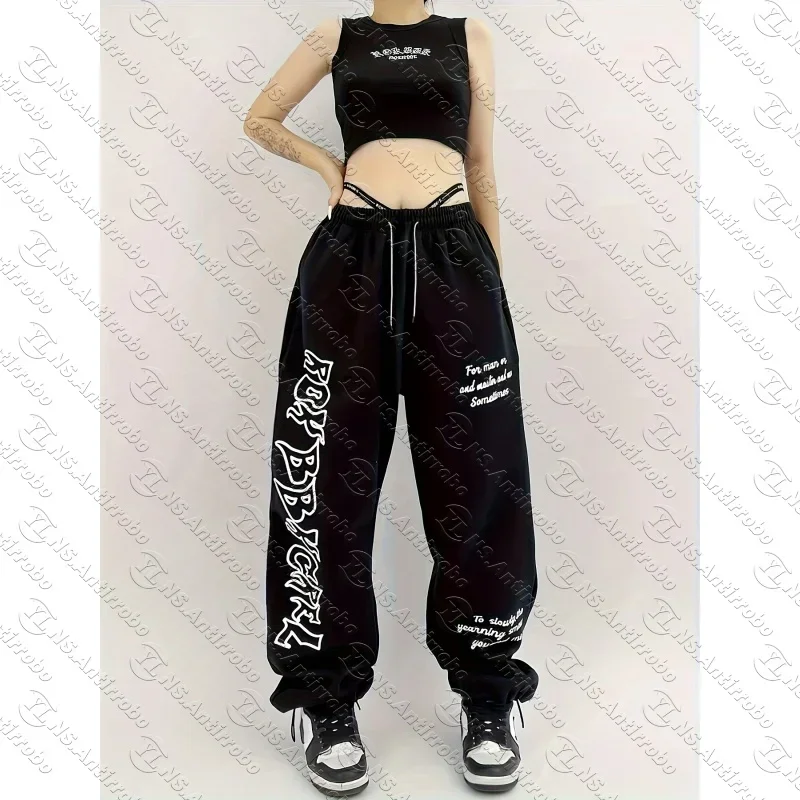Women's Y2K Street Dance Sweatpants European American Style Drawstring Letter Print Trousers for Kids