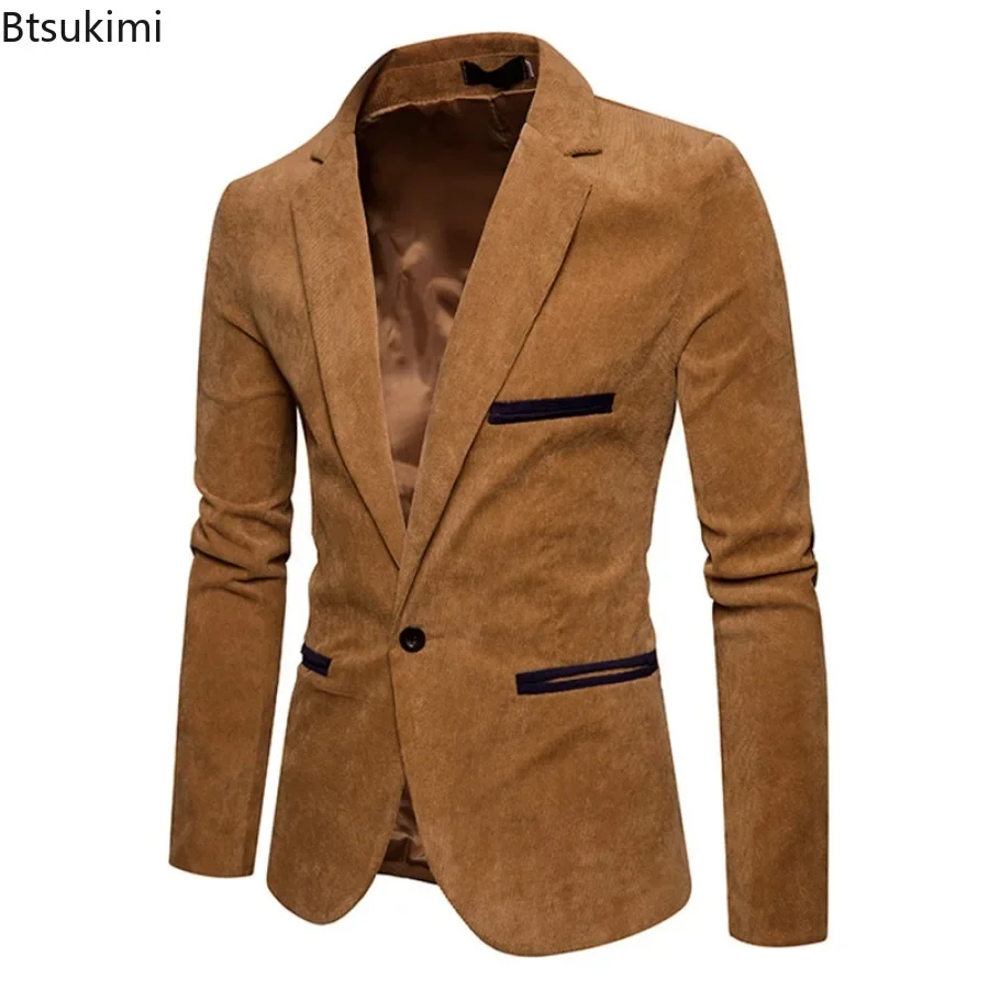 New High Quality Men\'s Leisure Corduroy Blazers Jacket Fashion Patchwork Single Button Casual Slim Suit Jacket for Men Clothing