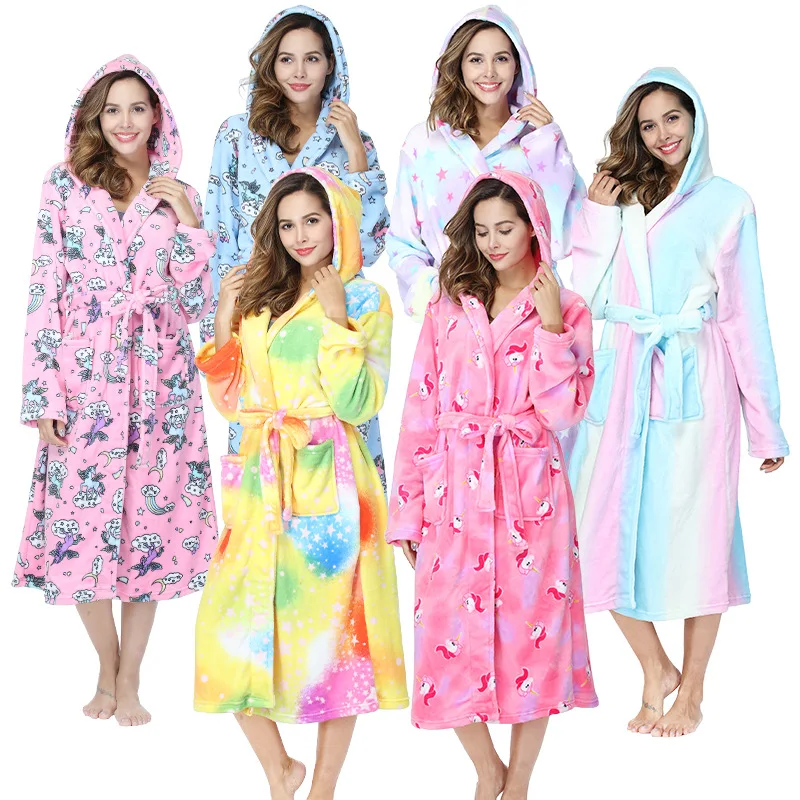 

Woman Flannel Printed Rainbow Hooded Large Pocket Bathrobe Hotel Autumn Winter Pajamas Extra Long Couple Bathrobe