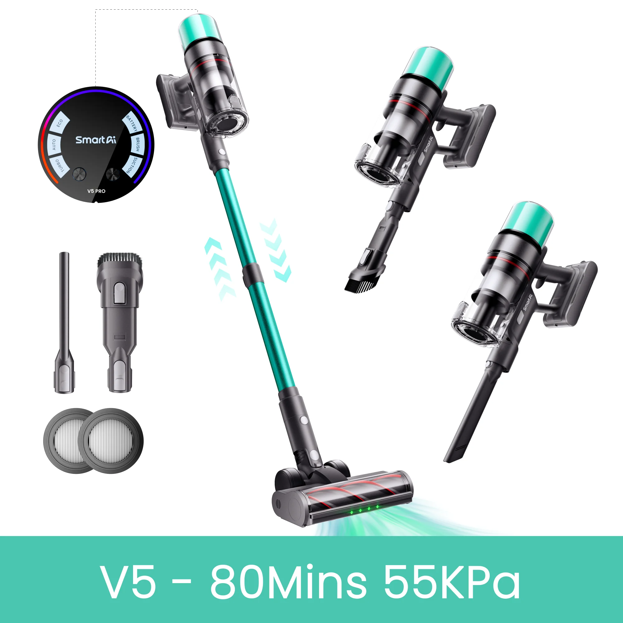 SmartAI V5Pro V5 Kabelloser Staubsauger mit Mehrfachzubehör, 80 Minuten Laufzeit, 24000mAh Akku, Beutelloser Staubsauger mit Langem Schlauch für Sofa, 55KPA 600W Starke Saugkraft, Aufrechter