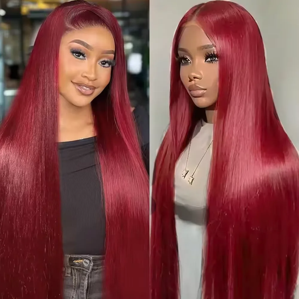 

200 Density 99J Burgundy 13x6 Lace Frontal Human Hair Wigs Brazilian Colored 36 40 Inch Straight Red Lace Front Wigs Human Hair