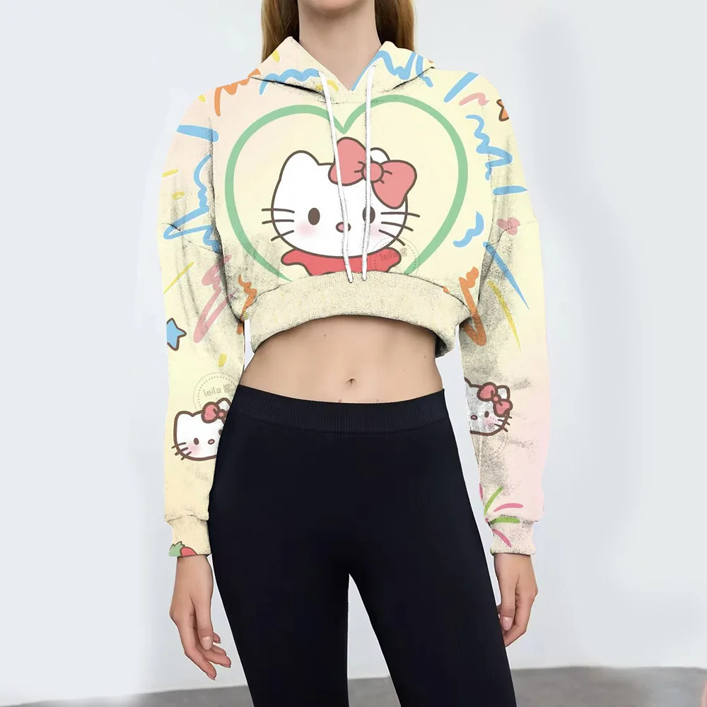 MINISO Hoodies Fashion Coulomi Hello Kitty 3D Print Hoodie Women Fashion Belly-revealing short Pullovers Hooded