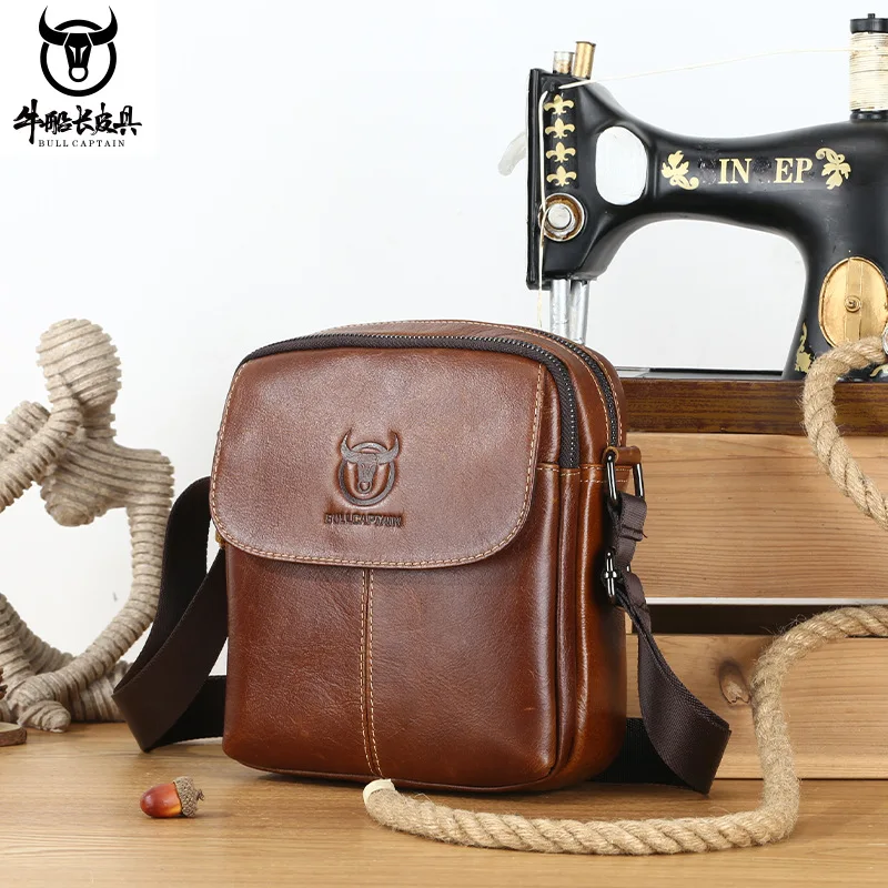 Men's real leather crossbody bag street Korean version of youth cover leather travel square shoulder bag