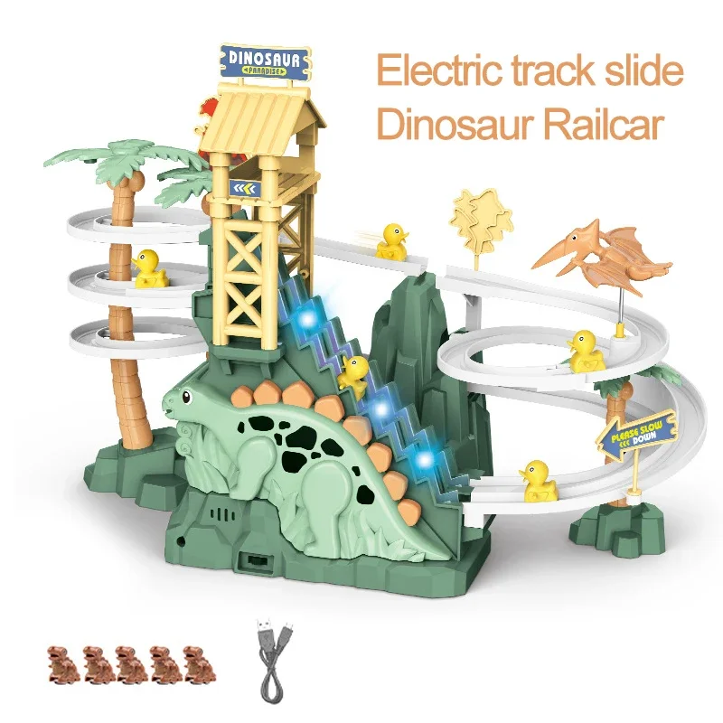 Electric Double Track Dinosaur Toy Car Slide Climbing Stairs Adventure Dinosaur Railcar Toy Music Educational Toy for Kids Gift