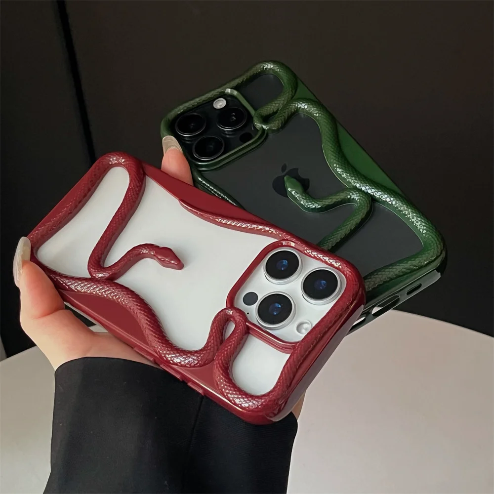 Cartoon 3D Snake Hollow Out Plating Case for iPhone 16 15 14 Pro Max 12 13 11 Matte Serpent Heat Dissipate Solid Color Cover