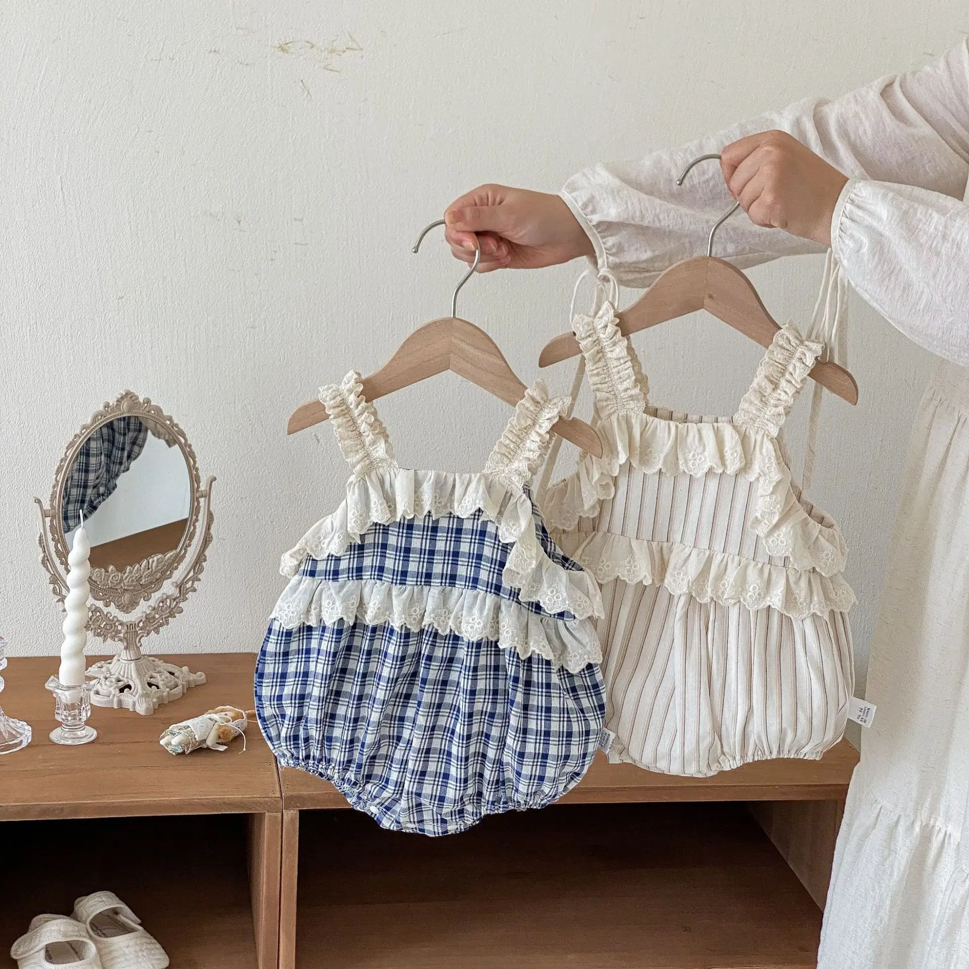 2026 Summer New Girls' Strap Lace Clothing for Baby Girls Korean Checkered Striped Outerwear Rompers