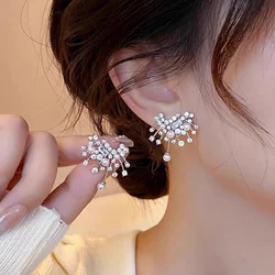 Korean Fashion Rhinestone Firework Stud Earrings for Women Luxury Elegant Imitation Pearl Earrings Girls Wedding Jewelry Gift