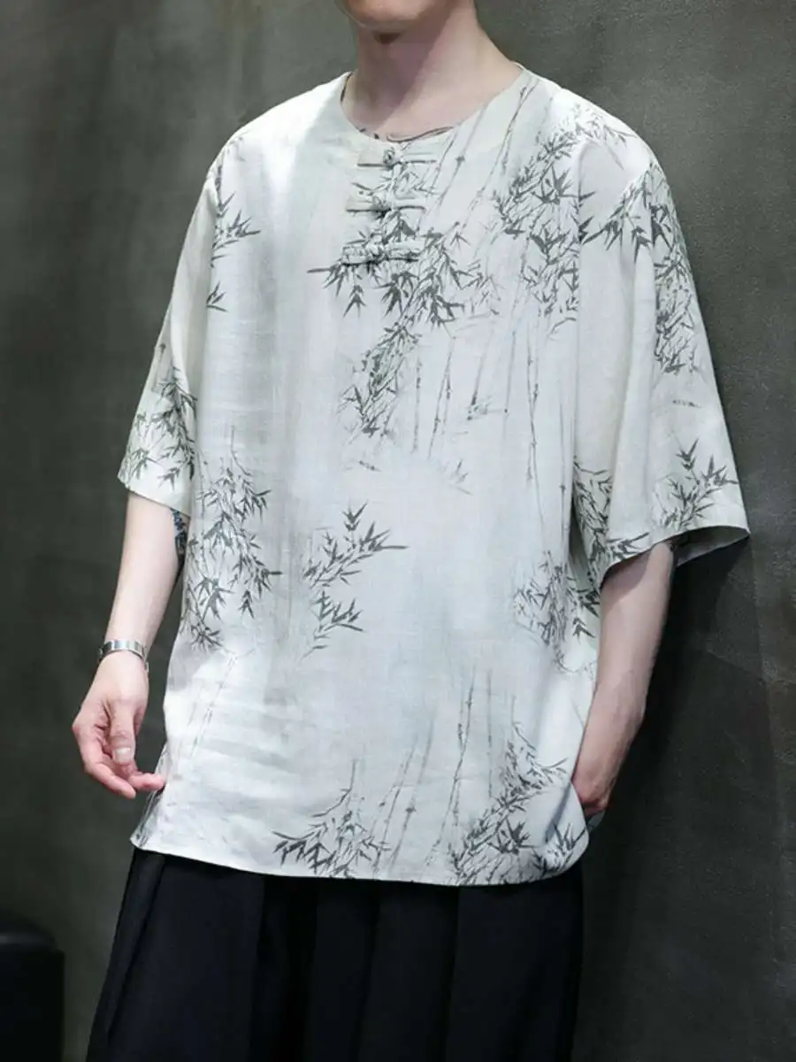 

New Summer Men's Short Sleeve T-Shirt Thin Retro Loose Large Size Button down Tang Suit Casual Cotton Linen Ethnic Fashion