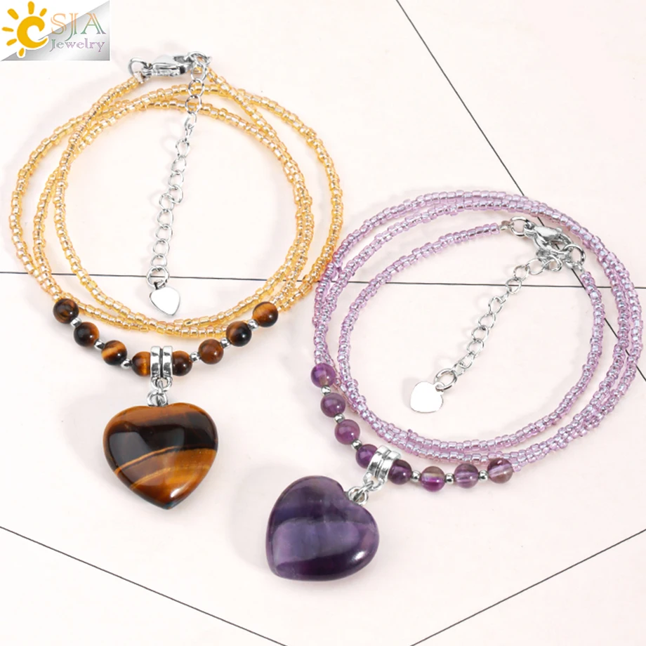 CSJA Heart Quartz Pendant Necklace for Women Healing Natural Stone Amethysts Crystal Charm Glass Bead Choker Christmas Gift T024