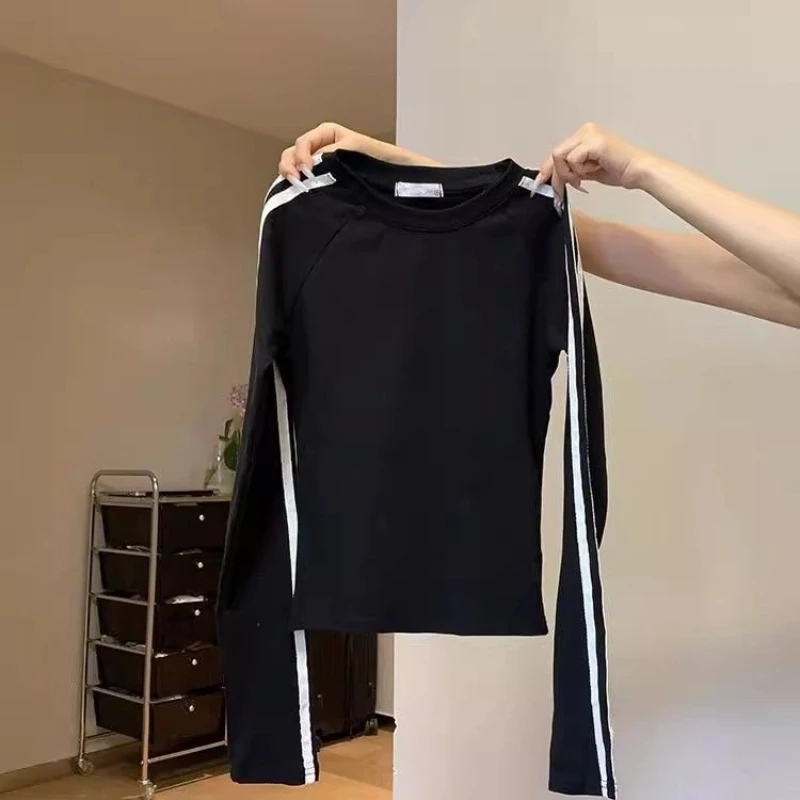 

High Street Striped Patchwork Slim Tops Spring Autumn Long Sleeve O-neck Contrast Trend T Shirts Fashion Casual Women Clothing