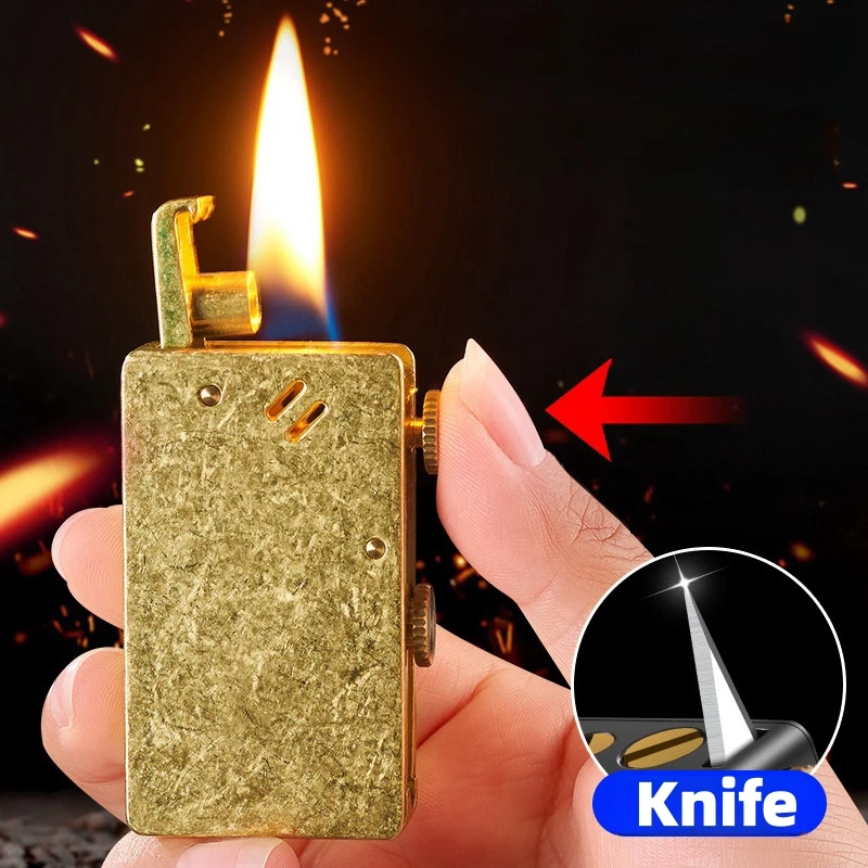 Vintage Retro Kerosene Lighter with Knife Creative Press One Button Ignition Portable Grinding Wheel Lighters Smoking Men\'s Gift