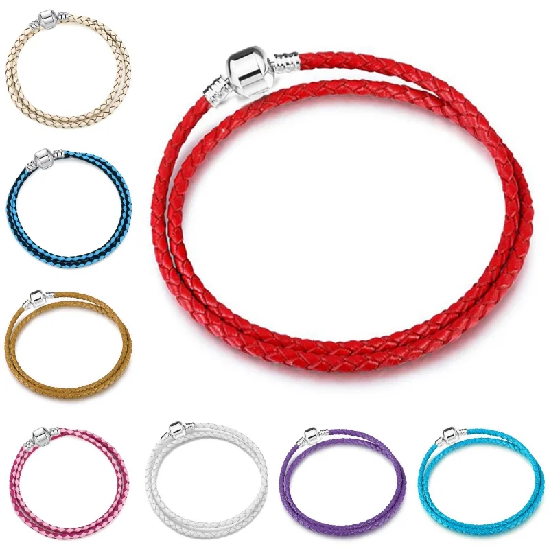 Silver Color Beads Buckle Double Circle Couple Charms Leather Rope PU Birthday Bracelet DIY Fine Jewelry April Fool's Day Gifts