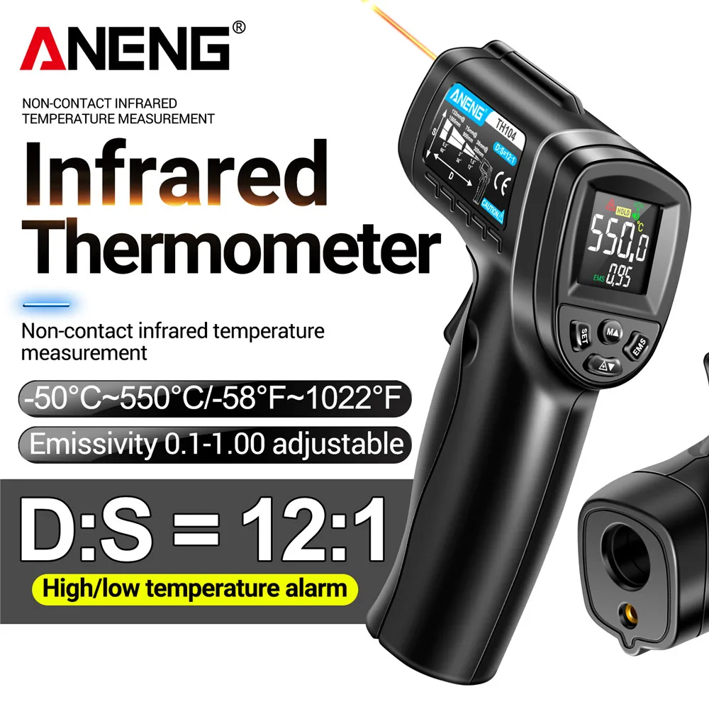 

ANENG TH104 Infrared Thermometer Hygrometer Non-contact Sensing -50~550℃ Temperature Gun LCD Backlit Display Screen Pyrometer