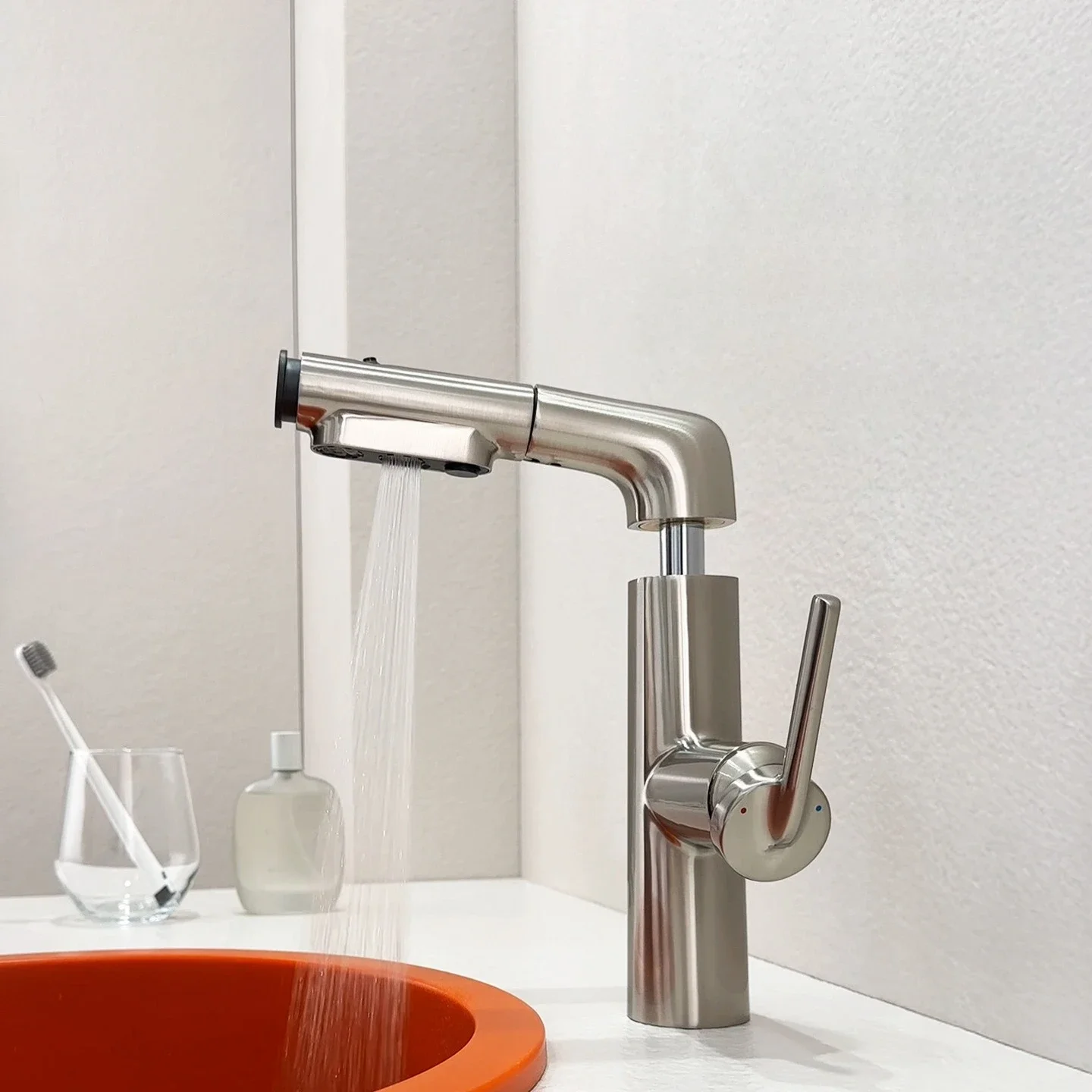 Pull Out Bathroom Faucet Brushed Rose Gold Lift Up Hot And Cold Water Mixer Tap