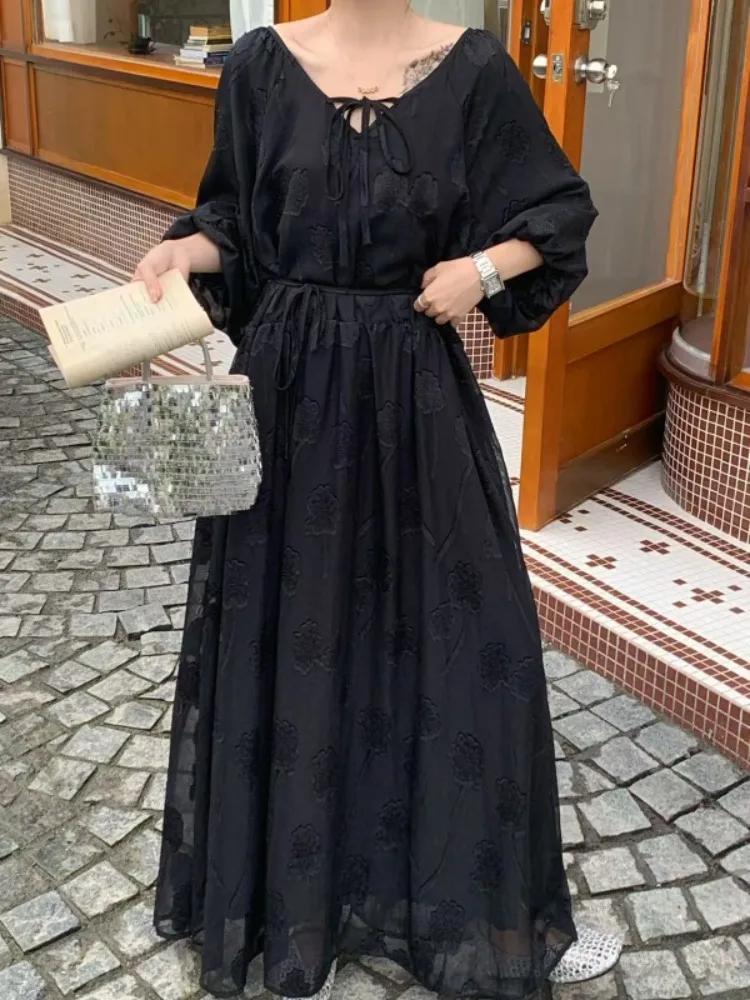 Sukienki maxi damskie Lemongor z żakardową tkaniną w kwiaty, na ramiączkach, z dekoltem w serek, bufiastymi rękawami, luźne, eleganckie, codzienne sukienki na imprezę, wakacje, długa sukienka, nowość 2025