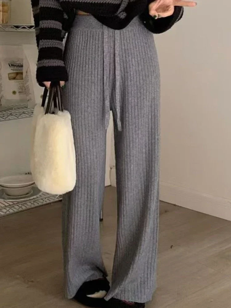 Korean version of casual straight trousers pit strips knitted wide-leg trousers for women 2024 autumn and winter looking thin