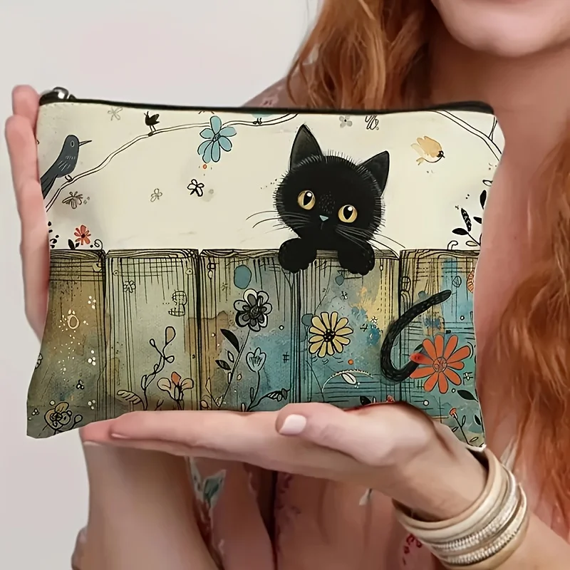 Charming Black Cat & Floral Design Zipper Pouch,Cosmetic Bag with Vibrant Illustration,Portable Makeup Pouch