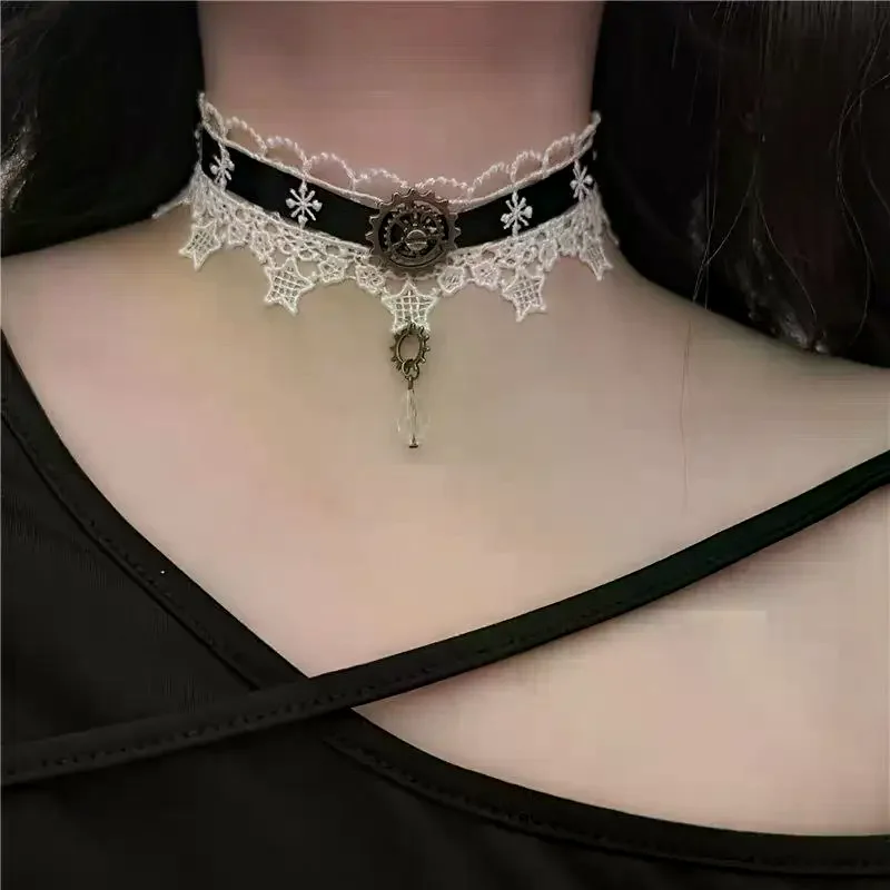 القوطية الشرير Steampunk قلادة عيد الميلاد الشريط الدانتيل المختنق قلادة قلادة