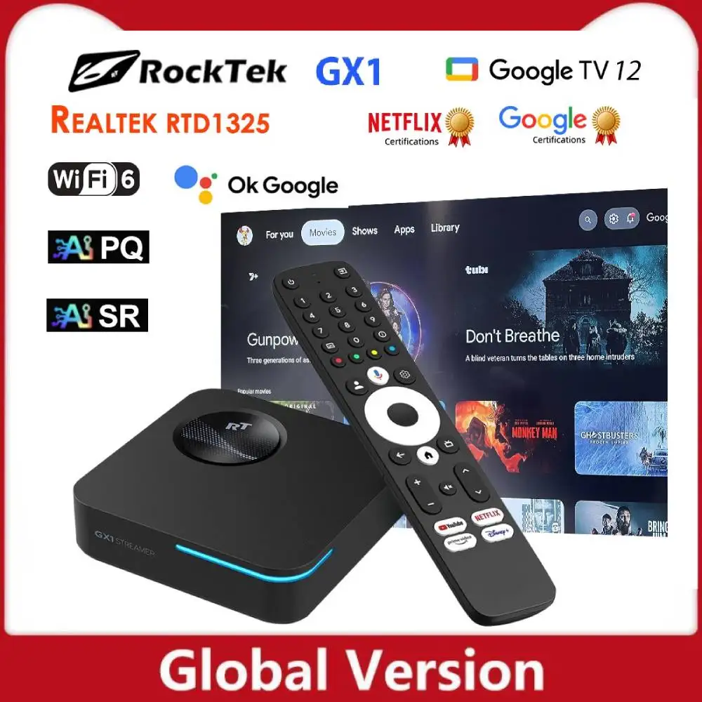 RockTek GX1 UHD Google TV 12 Box Netflix Google Certified Realtek1325 A55 Edge AI Support Dolby Atmos Vision 2T2R Android TV Box