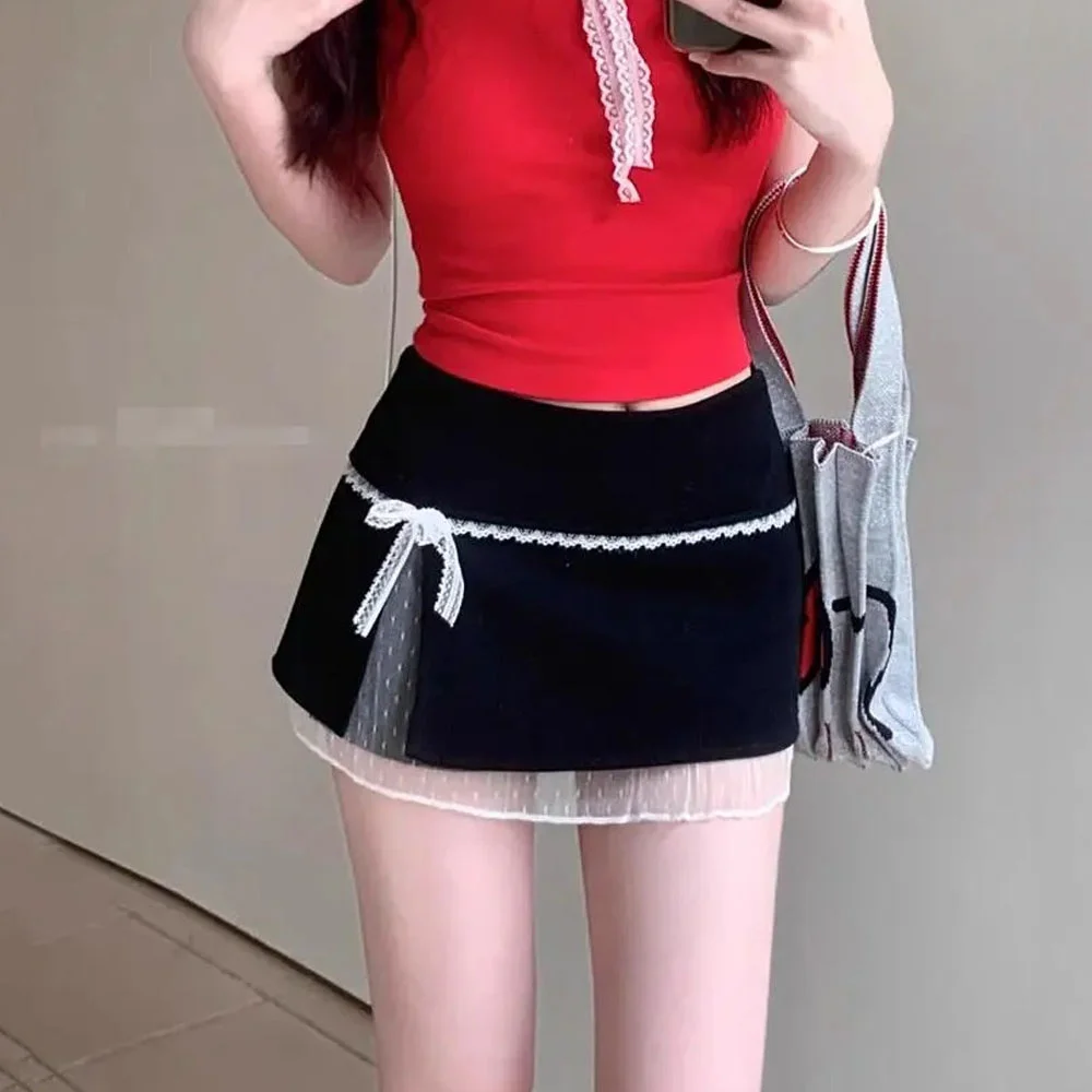 الحلو الصيف اليابانية Kawaii القوس التنانير الصغيرة أسود رمادي الصلبة الدانتيل المرقعة المرأة متزلج منخفضة الخصر Preppy الشق ألف خط التنانير