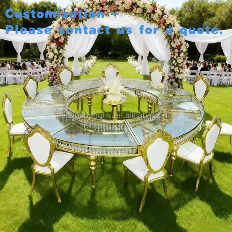 custom.Luxury Golden Stainless Steel Round Glass Top Wedding Event Hotel Party Tables Serpentine Table