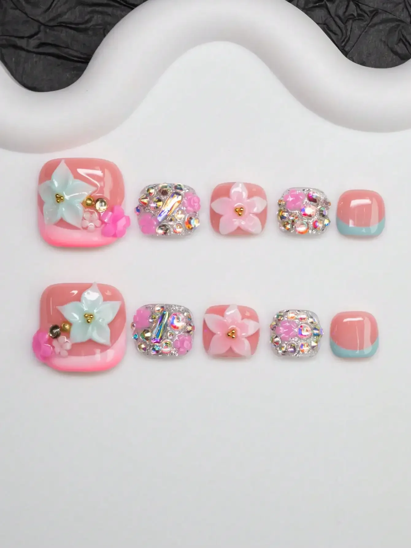 

14pcs/Set Handmade Y2K Nail Stickers, Nude, Pink, Blue Nail Strips With French Tips, Floral, Rhinestone Designs, Suitable