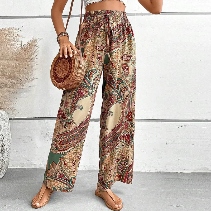 Spring Summer Women Pants Elastic Waist Printed Wide Leg Pants For Women Casual Trousers Streetwear 2024