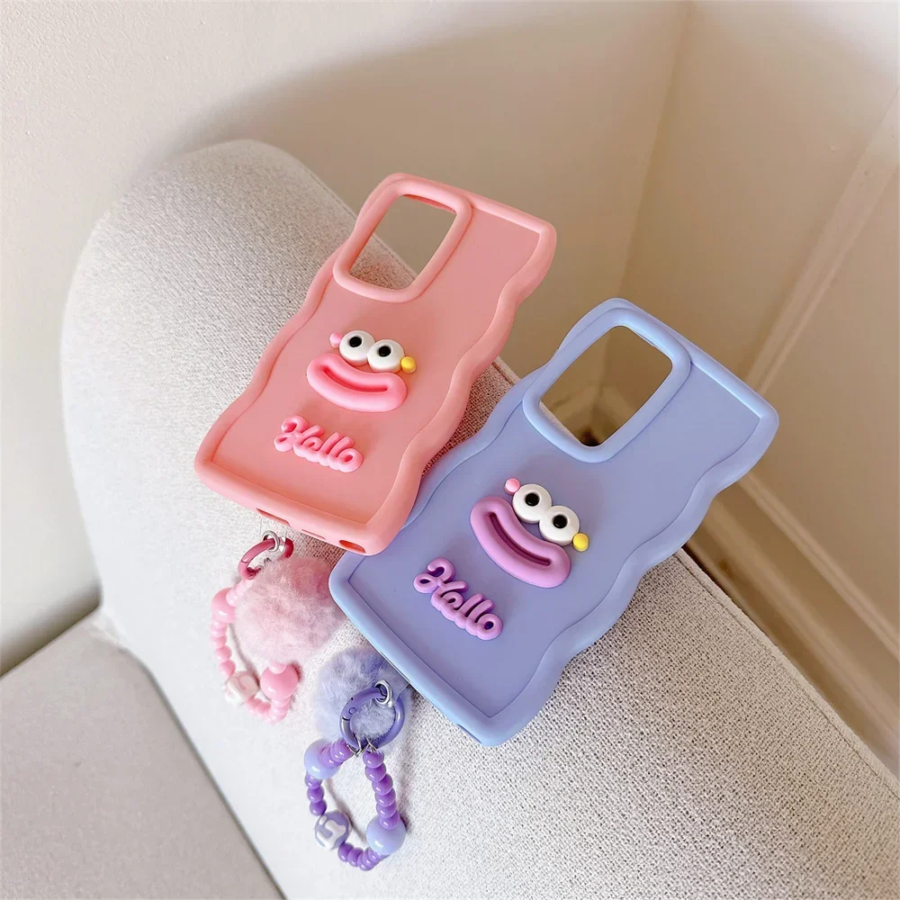 Cute Cartoon Wrist Chain Wave Case for Samsung Galaxy S25 S24 Ultra S22 S23 Plus S20 S21 FE A54 A55 A35 A15 A16 Lanyard Cover