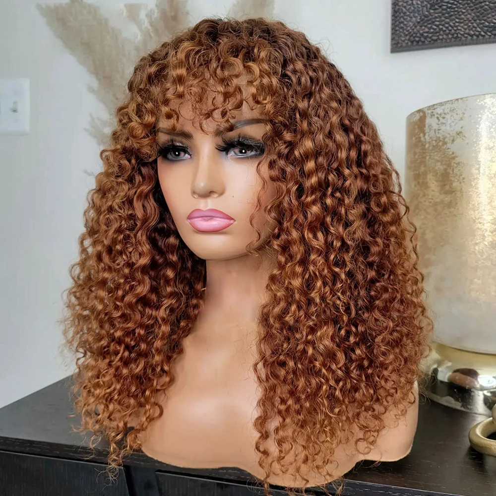 Natural Black 26 Inch Long Kinky Curly Honey Blonde Machine Wig With Bangs For Women High Temperature Cosplay Glueless Daily