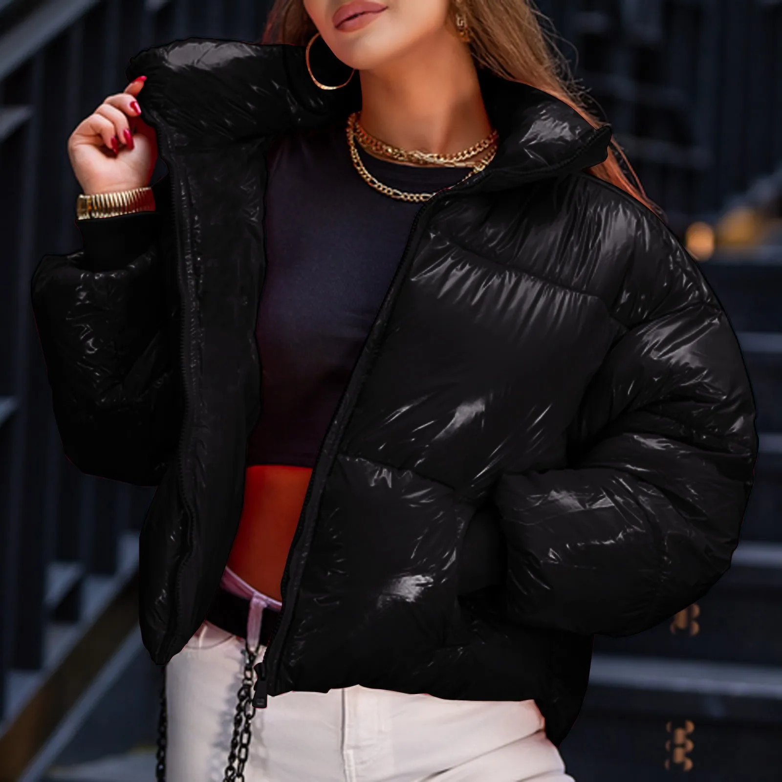 

Women Shiny Stand-Up Winter Outwear Solid Color Down Coat Long Sleeve Zipper Pocket Korean Style Winter Warm Coats